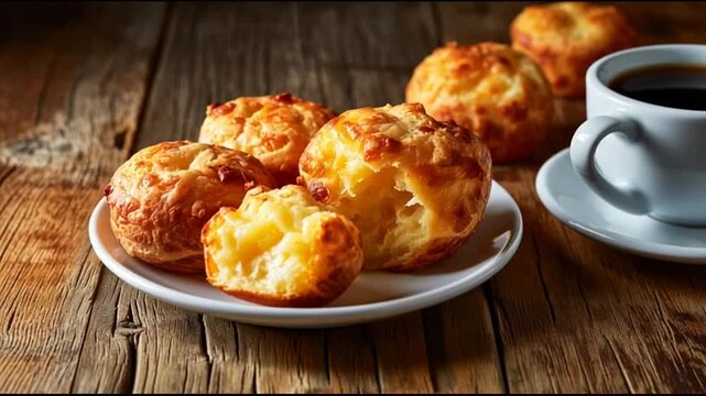 Brazilian Cheese Bread Freshly Baked Golden And Crispy Outside Soft And Chewy Inside Served Wooden Table With Hot Coffee Realistic Food Photography Detailed Texture Soft Lighting