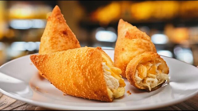 Brazilian Coxinha Crispy Golden Dough Cut Open Showing Creamy Shredded Chicken And Cheese Filling Snack Bar Background Hyper Realistic Food Photography