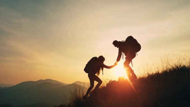 Two climbers on a mountain with the sunset in the background. One climber is helping the other up the hill.