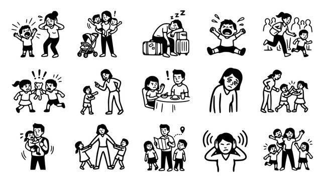 Multiple illustrations depicting a parent's challenges in taking care of kids.