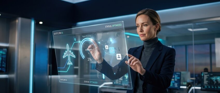Woman interacts with futuristic holographic interface displaying flight data and analytics in a modern control room