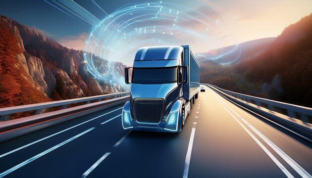autonomous truck driving on autopilot on a busy highway