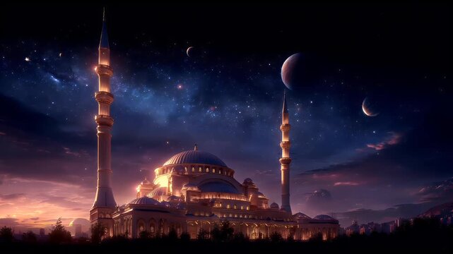 Space universe exploration, fantasy, mysterious. A vivid digital artwork depicts a grand mosque against a cosmic backdrop. The mosque, with its distinctive dome and minarets, is illuminated by soft.