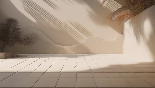gobo light gray shadow 3d image render empty mockup beige ceramic textured floor in landscape