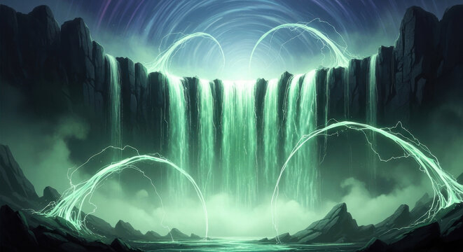 A fantasy landscape featuring glowing waterfalls and mystical energy orbs.