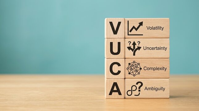 Wooden blocks spell VUCA representing volatility uncertainty complexity and ambiguity in business