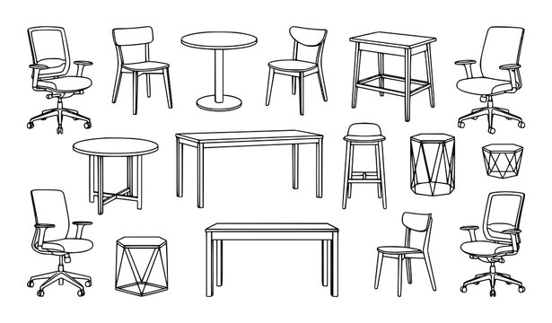 Assorted chair and table outline drawings modern furniture vector set isolated on white