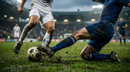 Two soccer players in action on a muddy field during an intense football match.