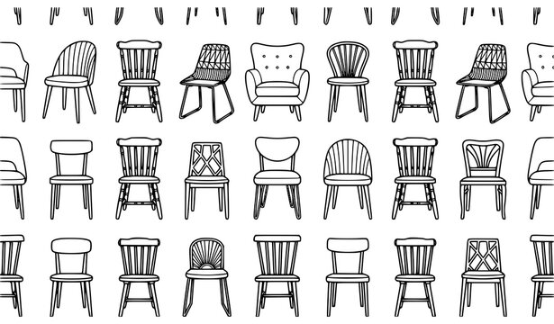 Row of chairs with varied leg and back designs furniture pattern vector illustration