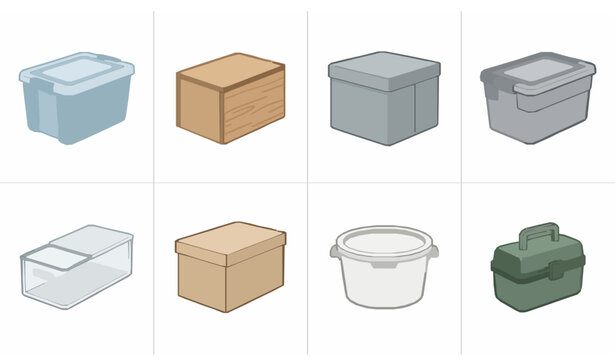 Assorted storage boxes with lids and handles modern vector illustration set of eight designs