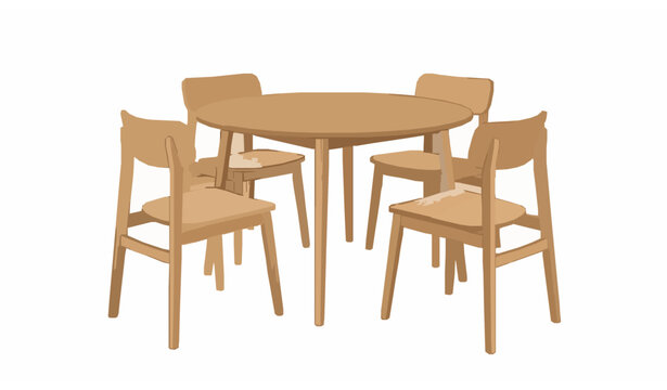 Minimalist round wooden dining table with four chairs perspective view modern furniture vector illustration