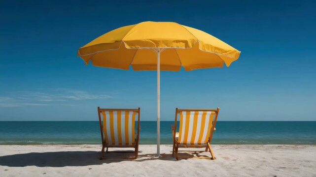 Yellow beach umbrella and striped deckchair on sandy beach with ocean horizon under blue sky summer vacation seaside relaxation empty beach travel destination outdoor leisure scene