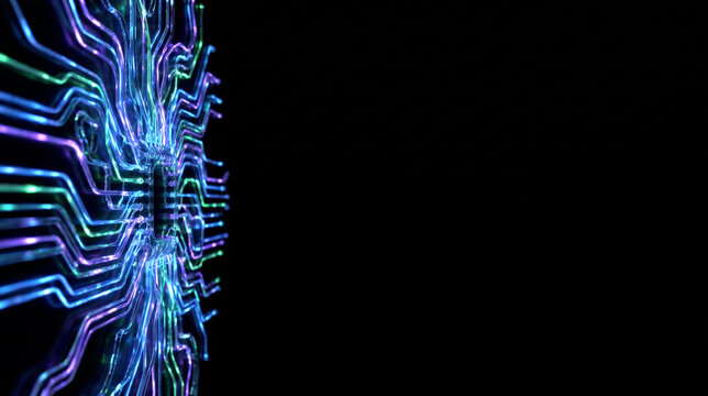 Abstract neural glass fibers and transparent bio circuits with flowing light pulses concentrated on the far left of a black studio background with copy space