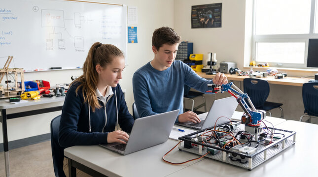 Students programming robotics project in modern STEM classroom