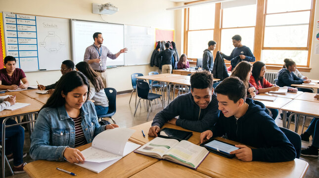 Students studying together in modern high school classroom