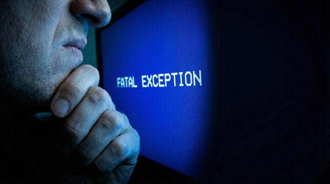 Focused man looking at fatal exception error on glowing computer screen
