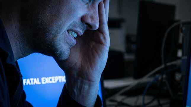 Stressed man looking at computer monitor with fatal exception error message