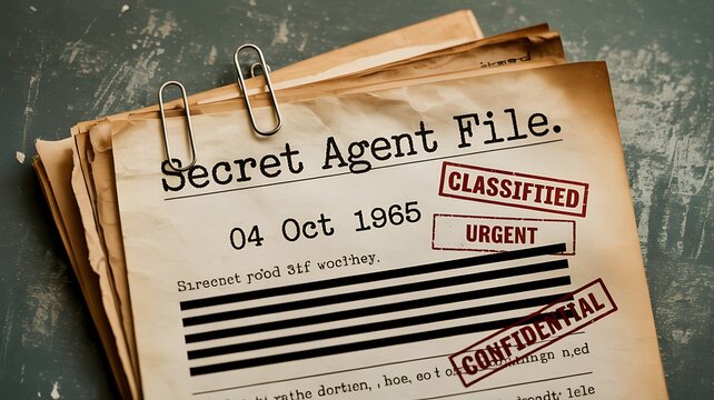 Redacted Secret Agent File Documents Resting On Metal Surface