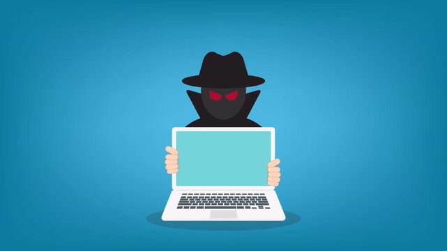 Anonymous Hacker Holding Laptop Screen Cyber Attack Animation