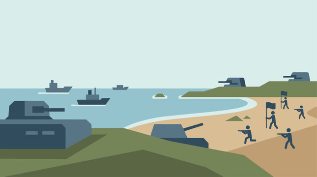 Caroline observes a war scene on a beach on a day with tanks and boats