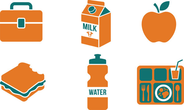 School lunch icon set featuring lunchbox milk apple sandwich water bottle and cafeteria tray