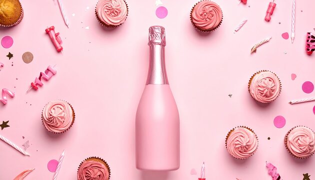 Pink bottle, cupcakes, & party decor on pink for a celebration or event invitation