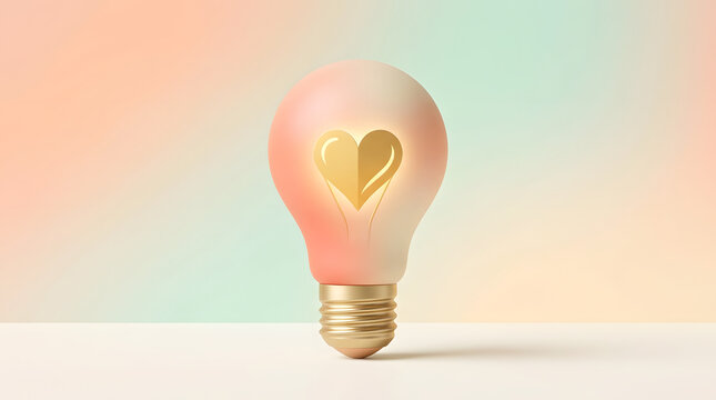 Glowing light bulb with golden heart shape inside representing love and innovation.