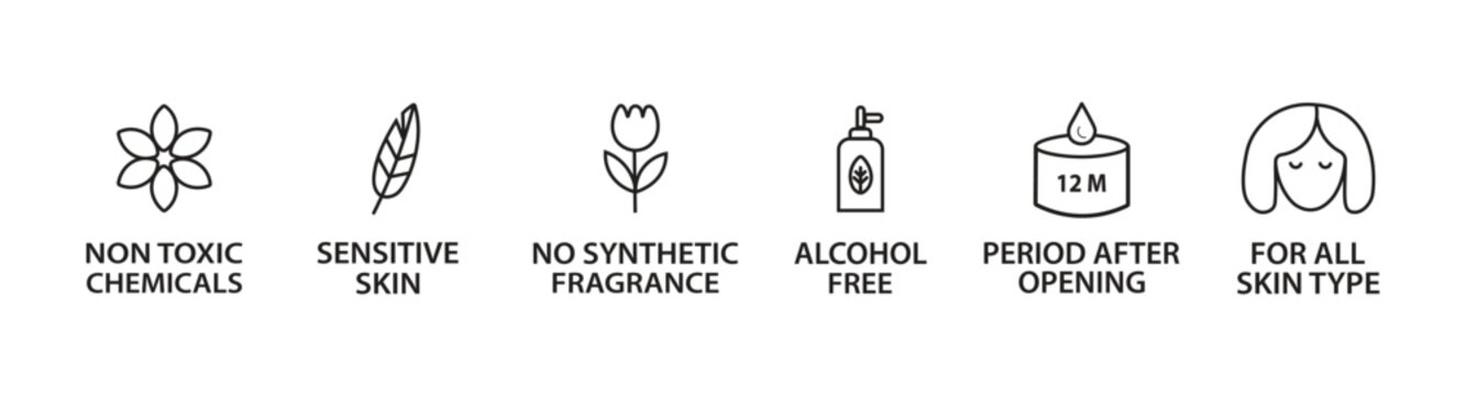 Clean Beauty Cosmetic Skincare Safety Icons Set Featuring No Toxic Chemicals Alcohol Free Sensitive Skin All Skin Types and Period After Opening Symbols Vector Illustration.