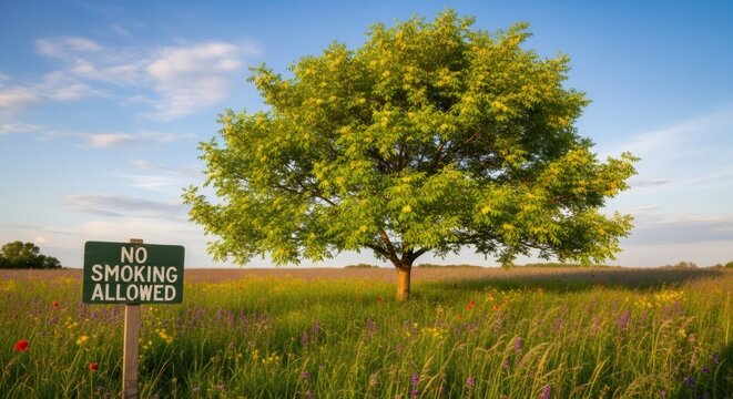 No smoking allowed sign in a flowering meadow with a lone tree. Park and nature reserve regulation. Environment protection and public health safety concept with spring countryside landscape.