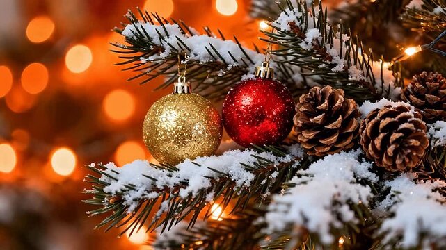 Snowy Christmas tree branch with ornaments