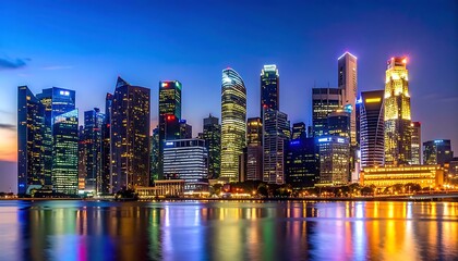 Obraz premium Modern city skyline at dusk with illuminated skyscrapers reflecting on calm water, city lights and vibrant sky