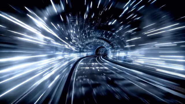 Space universe exploration, fantasy, mysterious. A longexposure photograph of a tunnel, captured in motion, conveying a sense of speed and urgency. The tunnels interior is illuminated by a bright.