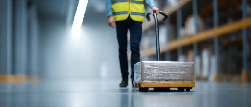 Warehouse worker transporting wrapped package