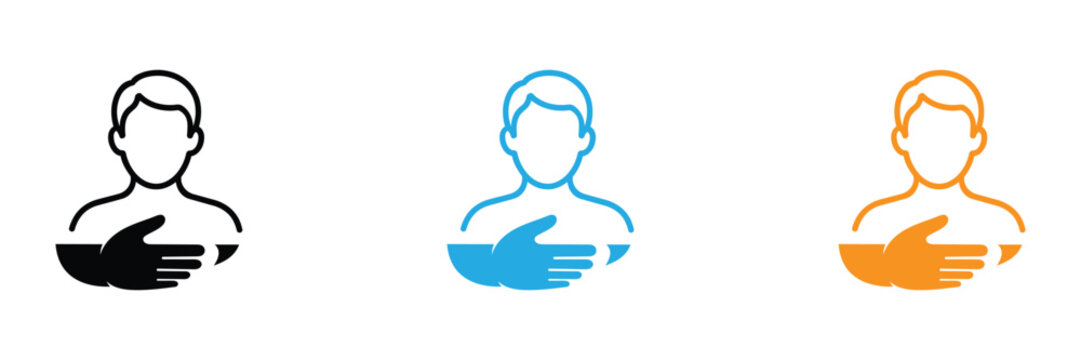 Human Care and Protection Icon Set: Black, Blue, and Orange Vector Illustrations of Person with Hand on Chest for Insurance, Support Services, Healthcare, and Security Concept Symbols