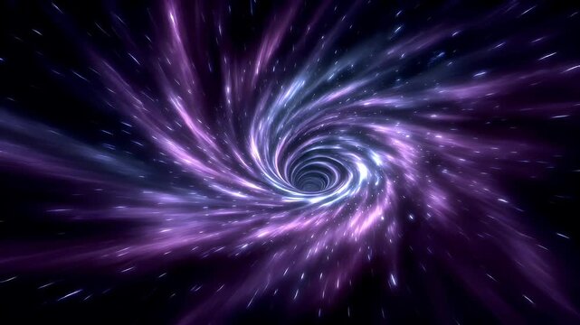 Space universe exploration, fantasy, mysterious. A vivid digital artwork depicts a swirling vortex of light and shadow against a deep black background. The vortex is a mesmerizing blend of purples.