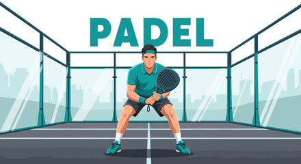 Fototapeta premium Dynamic Padel Player Illustration, Ready to Strike the Ball in Enclosed Court