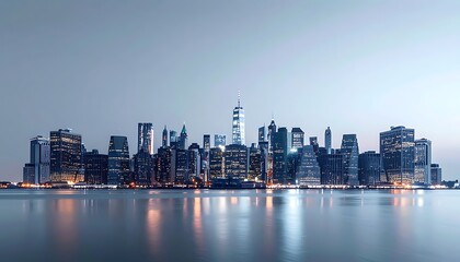 Fototapeta premium modern cityscape at dusk reflecting in water, glowing windows, urban skyline, city lights, twilight atmosphere, business district, metropolis, travel, architecture