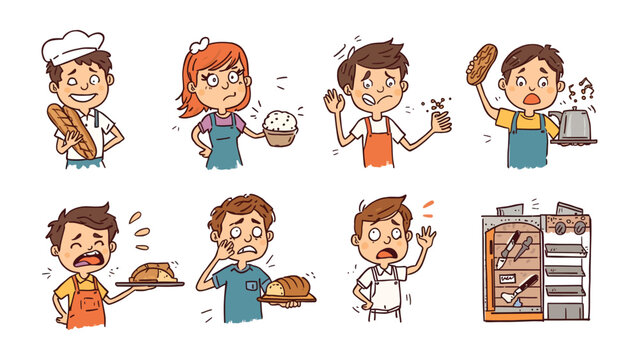 Bakery Frustrations: A comical scene unfolds as various characters experience baking mishaps, highlighting the challenges and humor of bread-making.