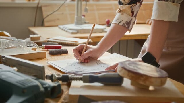 Midsection shot of unrecognisable teenager removing sawdust off workbench and reviewing woodworking sketch taking notes with pencil