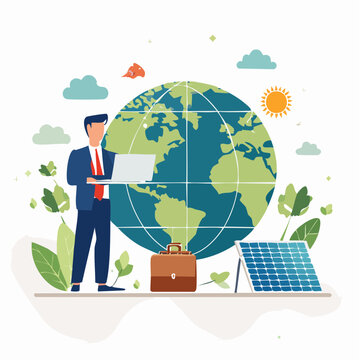 Businessman using laptop with Earth and solar panel, concept of green business