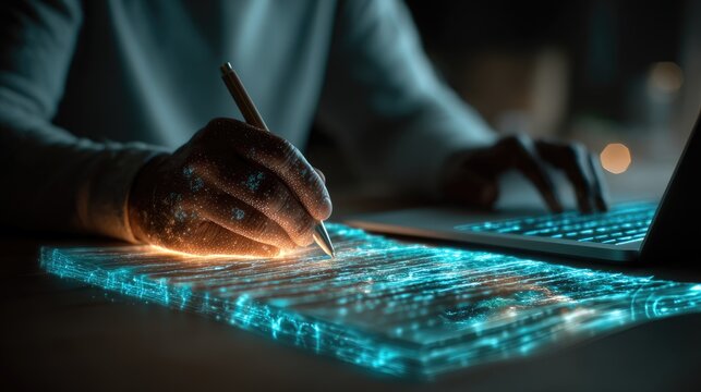 Writer drafting a document on a laptop with holographic editing, proofreading, and publishing graphics. 