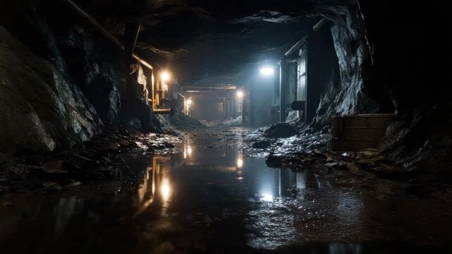 Dark underground cave tunnel with wet rock walls, water reflection, dim light, and eerie corridor in rugged mine passage