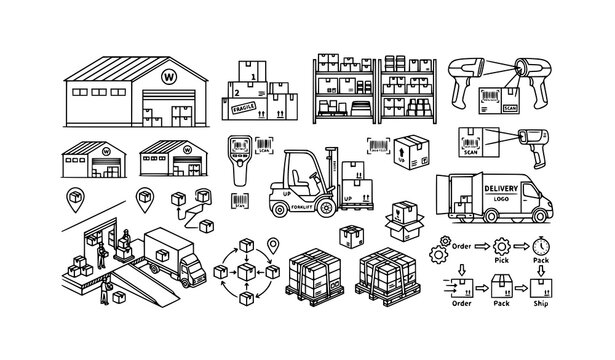 Creative warehouse icon element set with inventory and logistics vector design