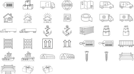 38 Hand-Traced Professional Logistics and Shipping Vector Icon Set Collection Bundle with Editable Stroke, Featuring Warehouse Storage, Delivery Van, Transport Truck, and Hardware Line Outlines. © Humayun