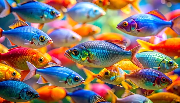 Numerous colorful small tropical fish swimming together in clear water, vibrant blues, oranges, and purples, teeming aquatic life, detailed scales