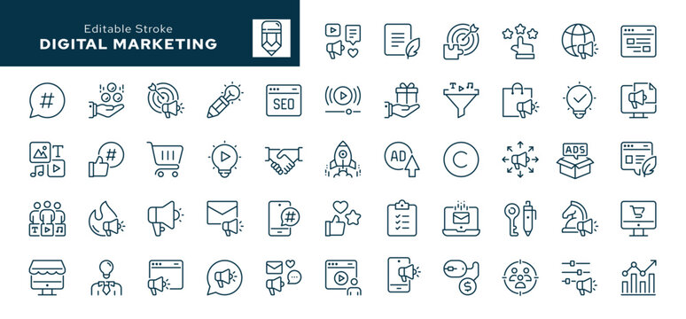 Digital marketing. Set of outline icons. Marketing, advertisement, communication, content, seo, product, blog, promotion and more. Line icon in linear style. Vector collection	