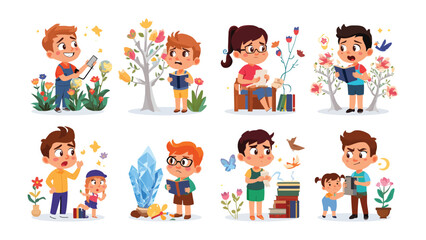 Fototapeta premium Reading Adventures: A vibrant illustration depicts a series of engaging scenes featuring children engrossed in the magic of books and exploration of imagination