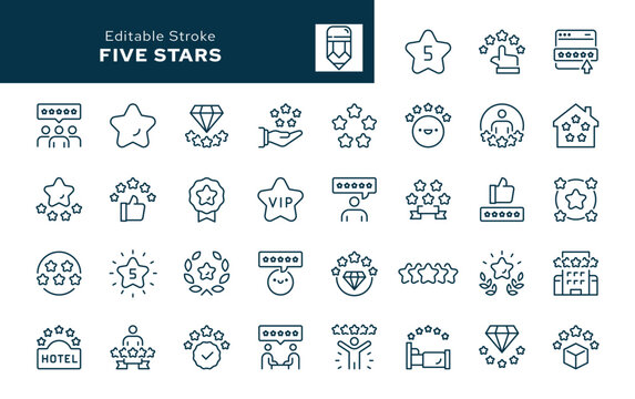 Five stars line icon set. Star, quality, rating, satisfaction, 5 stars, premium, excellence, feedback, rewiew, vip and more. Outline icon in linear style. Vector collection.	