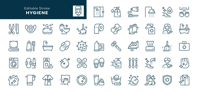 Hygiene and care outline icons set. Cleaning, disinfecting, washing, sweeping and sanitation, soap, shampoo and more. Line icon in linear style. Vector collection	