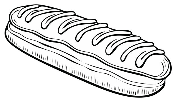 Hand drawn illustration of a long chocolate eclair with white icing swirls on top